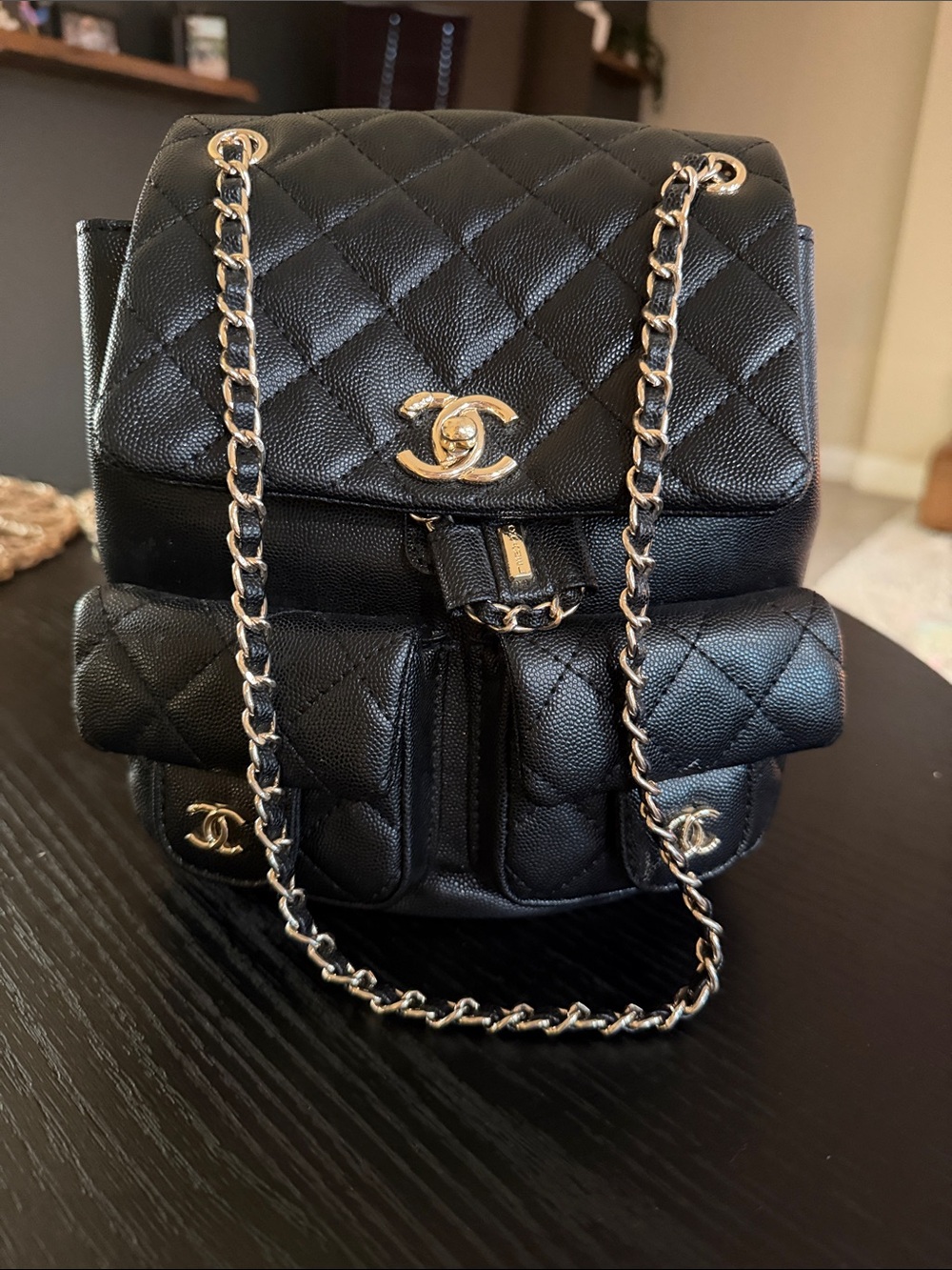 CHANEL Black Quilted Caviar Leather Mini Backpack with Gold-Tone Hardware